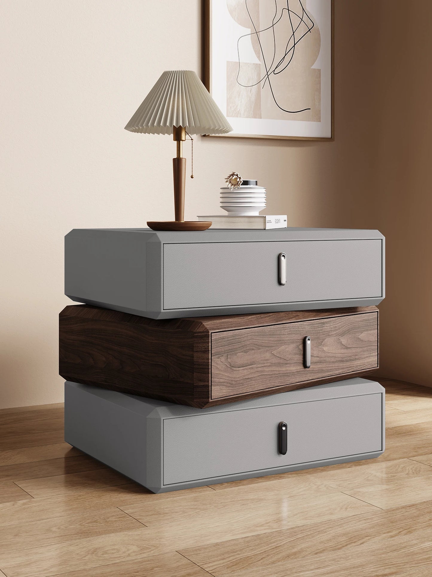 Rotating Solid Wood Nightstand Modern White Drawer