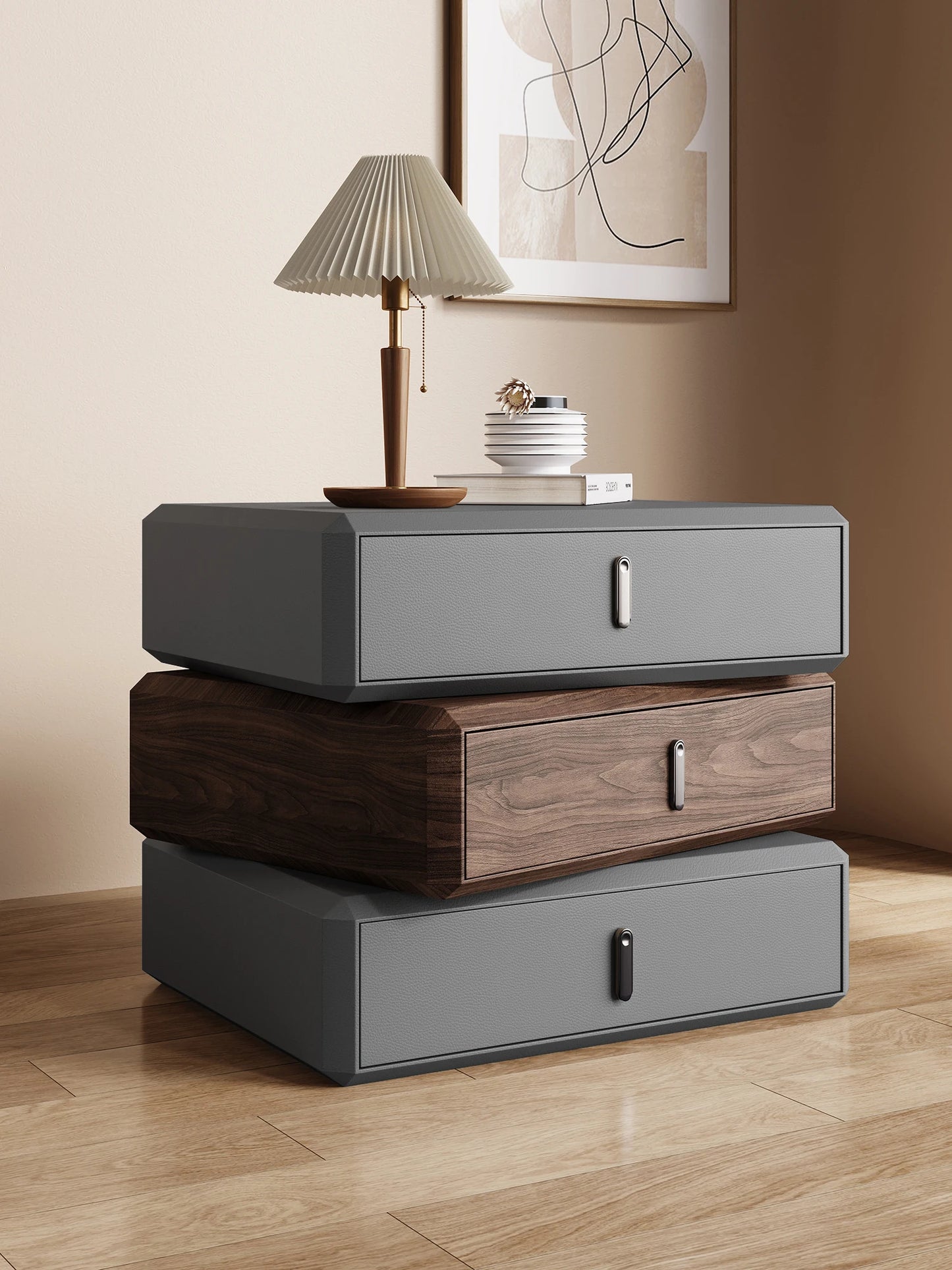 Rotating Solid Ｗood Ｎightstand Modern White Drawer