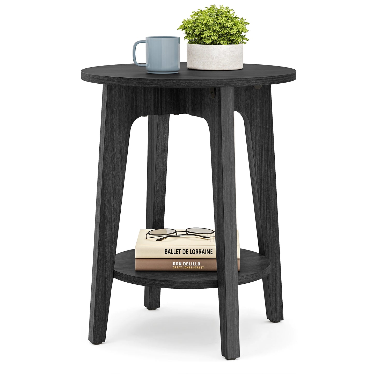 Side Table, Small Round End Table with Lower Shelf