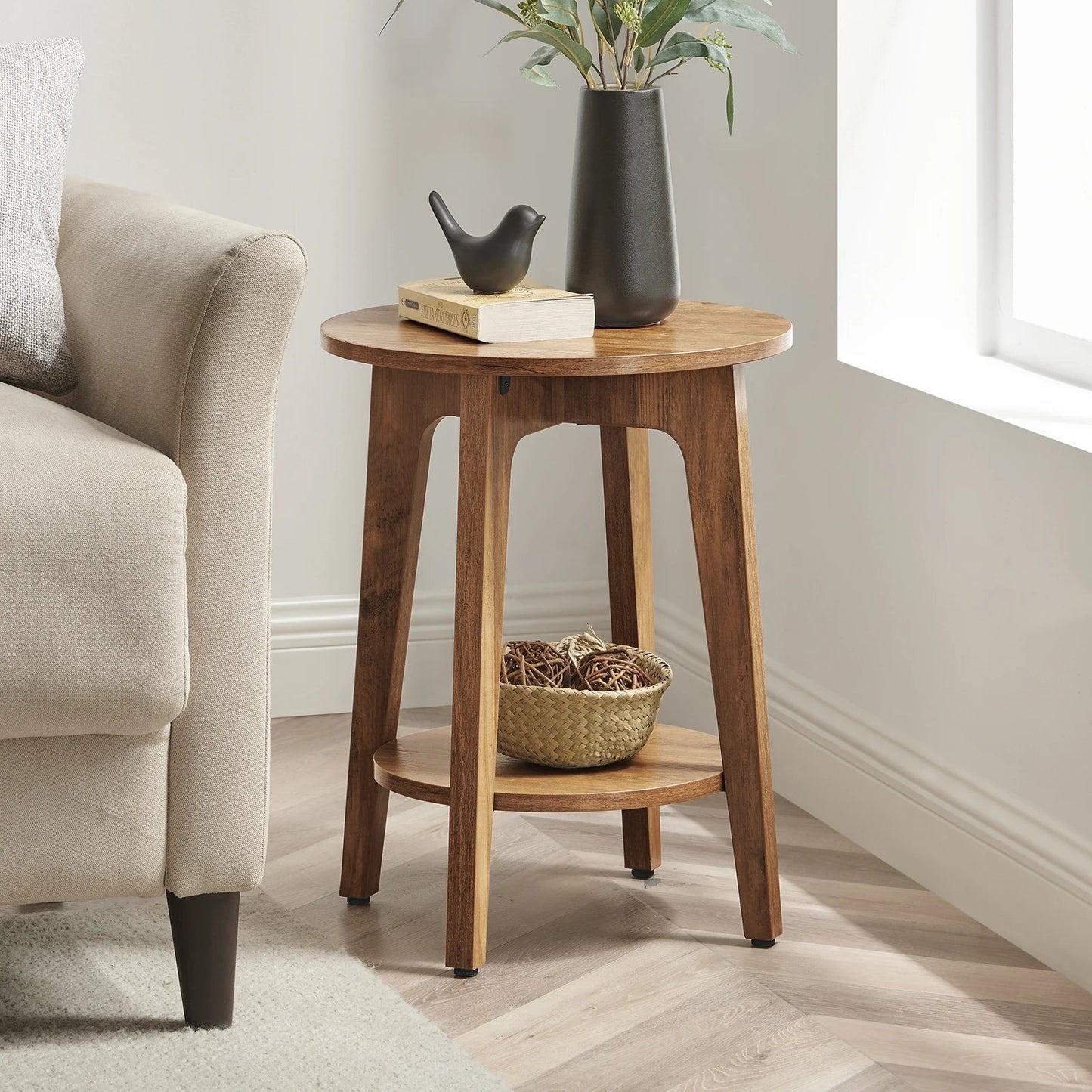 Side Table, Small Round End Table with Lower Shelf