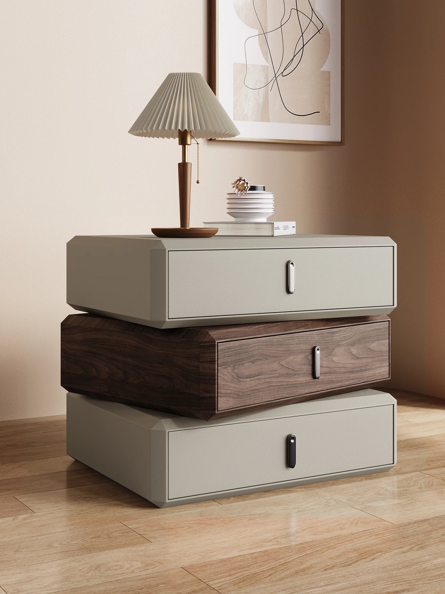 Rotating Solid Ｗood Ｎightstand Modern White Drawer
