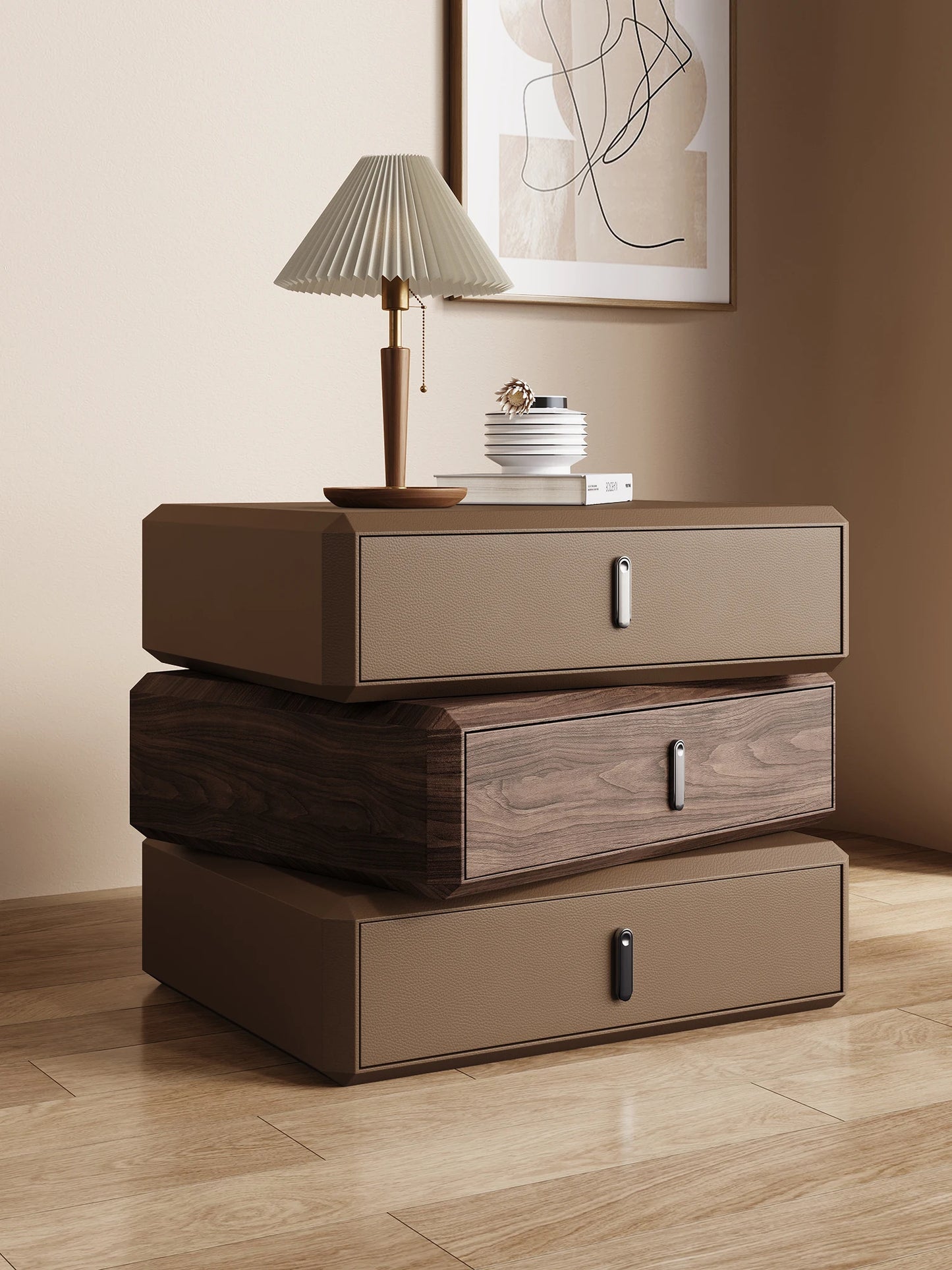 Rotating Solid Ｗood Ｎightstand Modern White Drawer